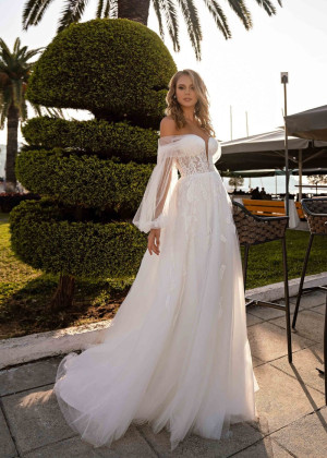 Off Shoulder Sparkly Ivory Lace Tulle Wedding Dress With Detachable Sleeves Off Shoulder Sparkly Ivory Lace Tulle Wedding Dress With Detachable Sleeves